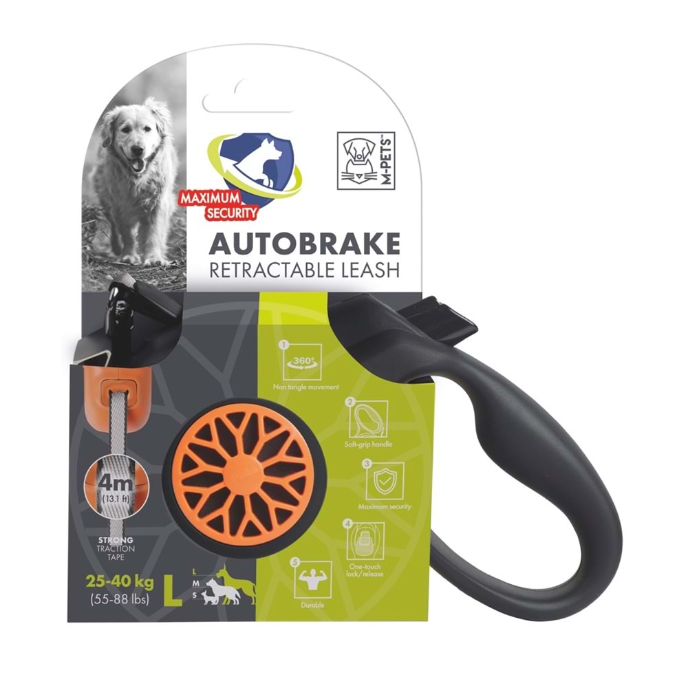 10830199 M-PETS AUTOBRAKE OTOMATİK GEZDİRME ŞERİT 4MT/ORANGE (L)