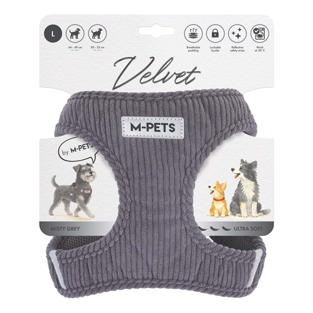 10861213 M-PETS VELVET DOG GÖĞÜS TASMASI GRİ (L)