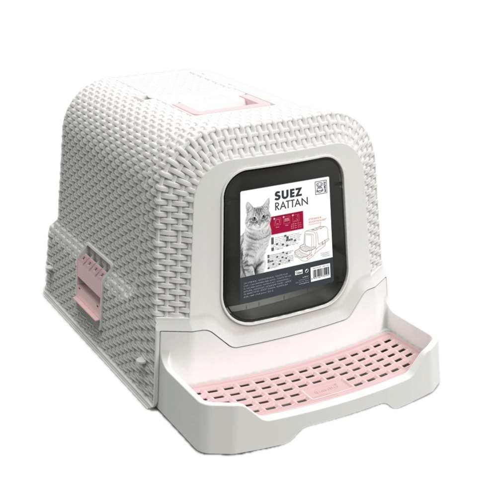 20116399 M-PETS SUEZ RATTAN KAPALI KEDİ TUVALETİ WHİTE/PİNK 69X42X41CM