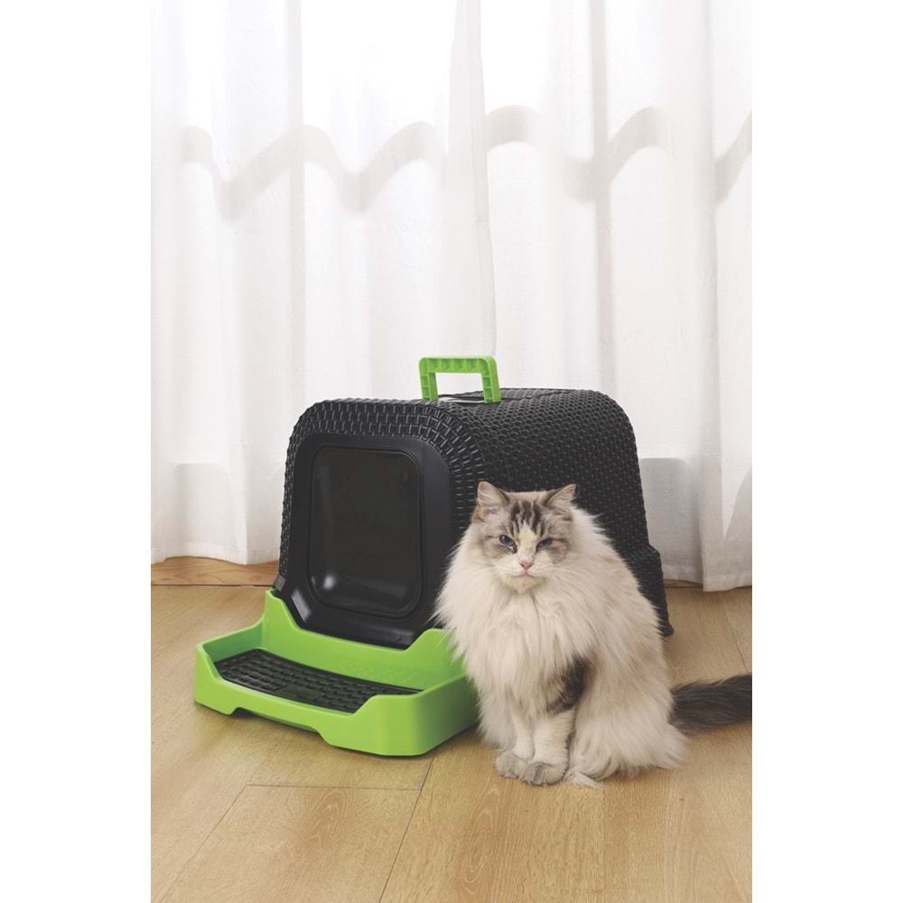 20118399 M-PETS ECO RATTAN KAPALI KEDİ TUVALETİ BLACK/GREEN