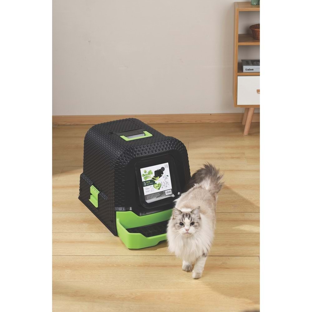 20118399 M-PETS ECO RATTAN KAPALI KEDİ TUVALETİ BLACK/GREEN