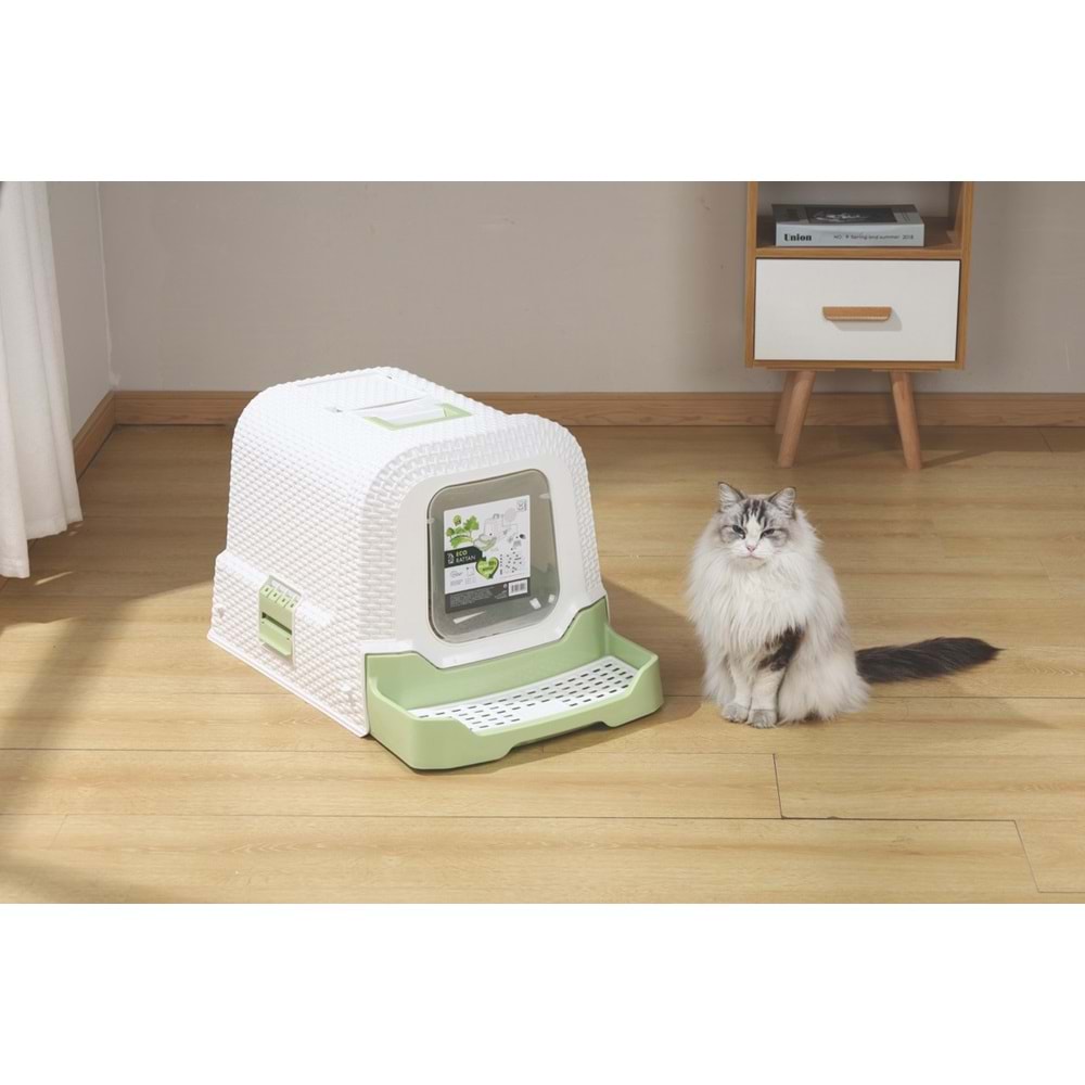 20118799 M-PETS ECO RATTAN KAPALI KEDİ TUVALETİ WHİTE/GREEN