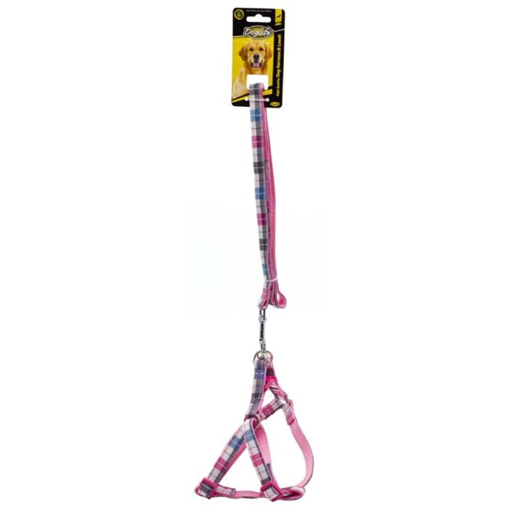 202586-DOGLİFE KÖPEKLER İÇİN EKOSE DESENLİ GÖĞÜS TASMASI+GEZDİRME 1,5CM