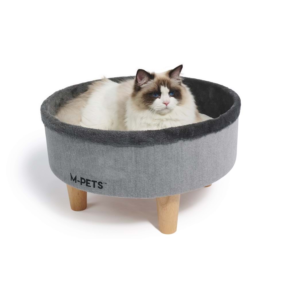 20302999 M-PETS ROUND ELEVATED AHŞAP AYAKLI KEDİ YATAĞI GREY