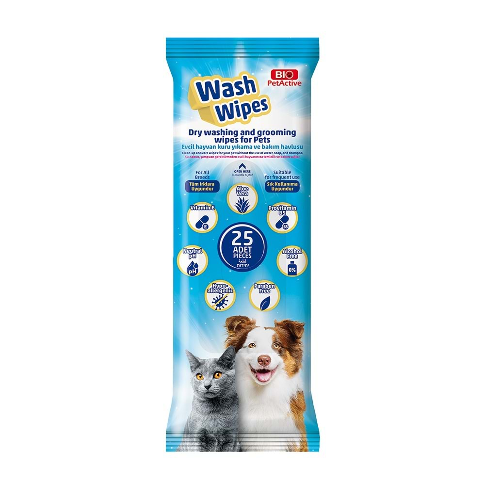 BIO PETACTİVE WASH WİPES (EVCİL HAYVAN KURU SİLME BAKIM KESESİ)