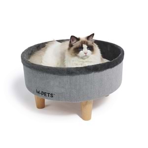 20302999 M-PETS ROUND ELEVATED AHŞAP AYAKLI KEDİ YATAĞI GREY