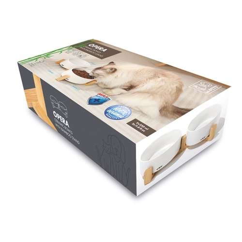 10553699 M-PETS OPERA SERAMİK MAMA KABI BAMBOO STANDLI 2X350ML WHİTE