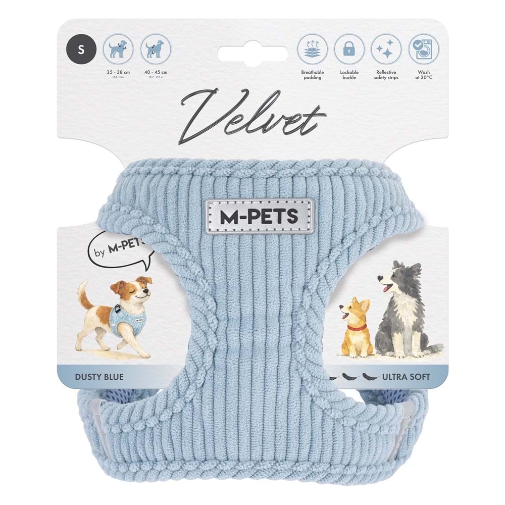 10859199 M-PETS VELVET DOG GÖĞÜS TASMASI BLUE (S)