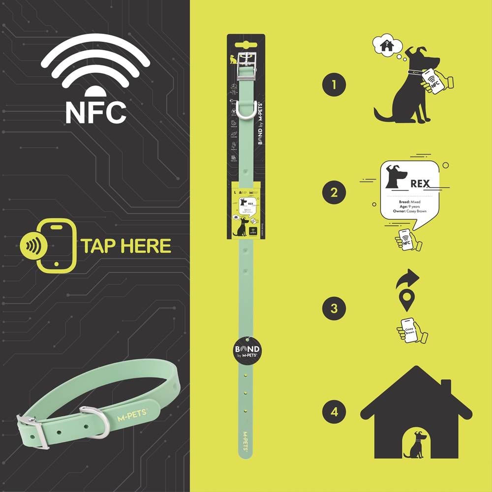 10862103 M-PETS BOND NFC SİSTEMLİ SİLİKON BOYUN TASMASI (S) GREEN
