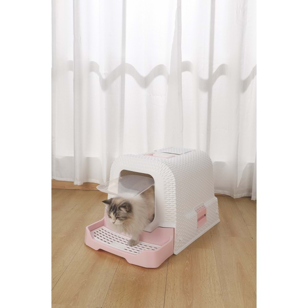20118499 M-PETS ECO RATTAN KAPALI KEDİ TUVALETİ WHİTE/PİNK