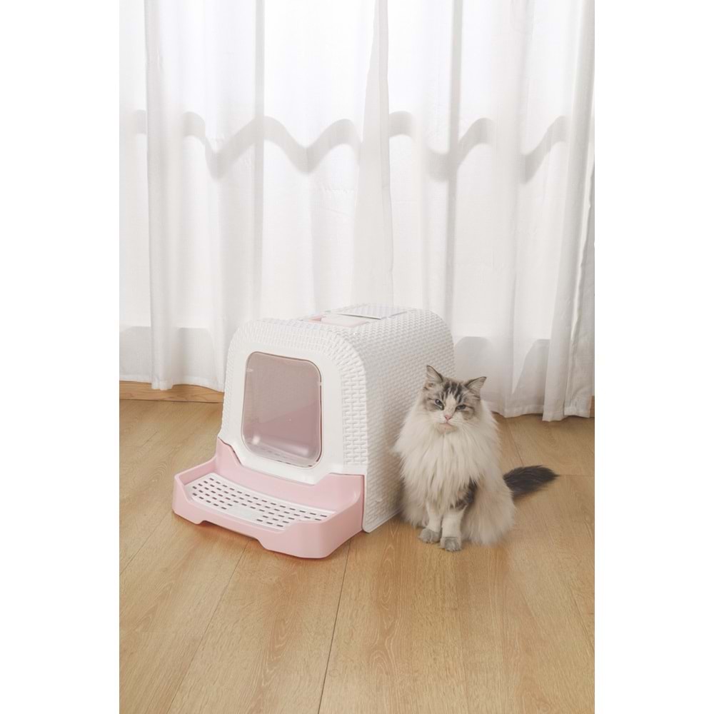 20118499 M-PETS ECO RATTAN KAPALI KEDİ TUVALETİ WHİTE/PİNK