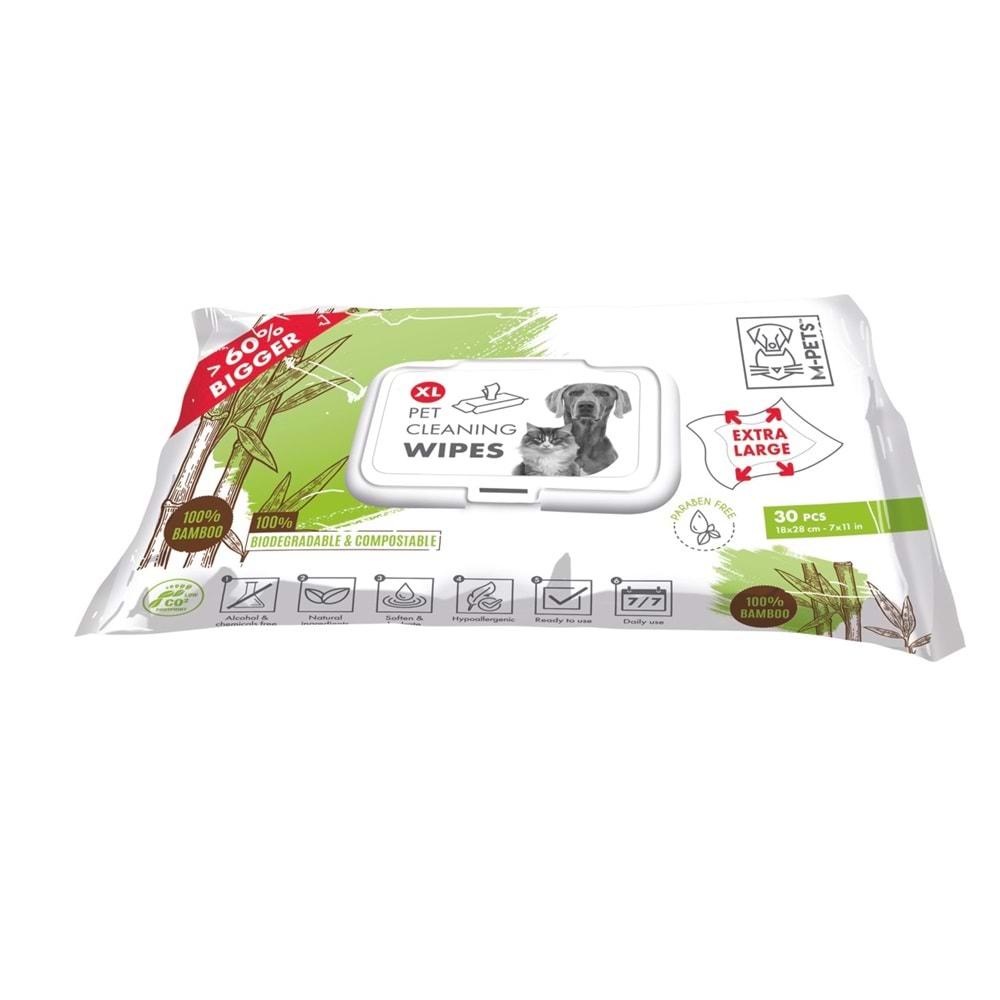 60102399 M-PETS BAMBOO XL KEDİ/KÖPEKLER İÇİN TEMİZLEME MENDİLİ 30LU